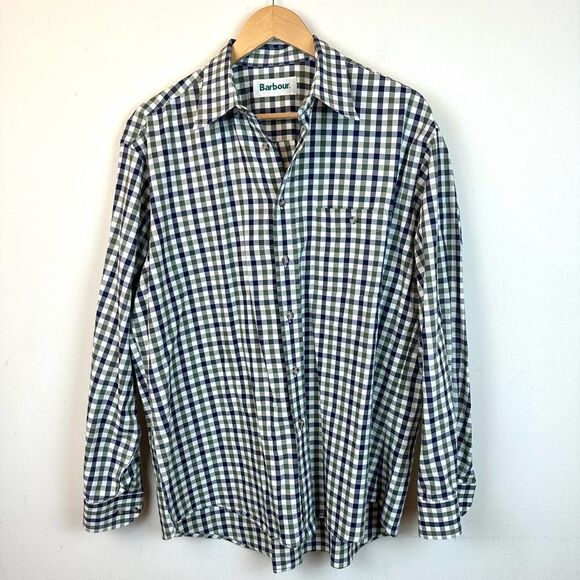 Barbour VTG Made in France Green Gingham Button Shirt Men’s‎ XL Read - Picture 1 of 9